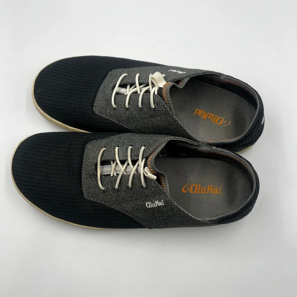 OluKai Nohea Moku Men's Black Dark Shadow Mesh Boat Shoes Size 8.5 10283-6C6C